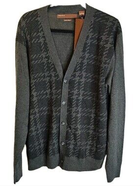 Perry Ellis Men L Merino Wool Cardigan Sweater Houndstooth Charcoal V-Neck Nwt